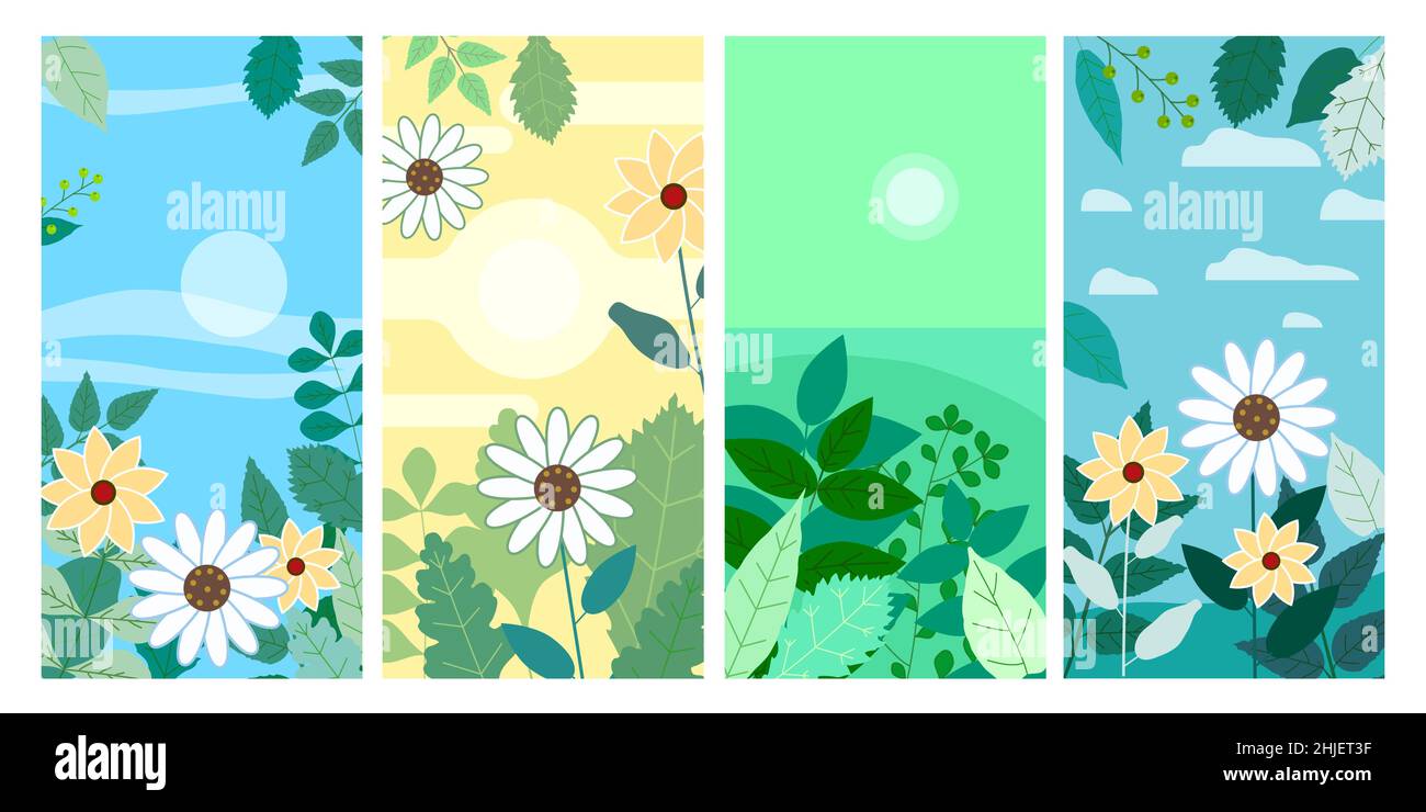 Set von Blumen Frühling Blätter und Blumen vertikale Hintergründe Social-Media-Geschichten Vorlagen, Farbe lebendige Banner, Poster, Cover-Design, Tapeten Stock Vektor
