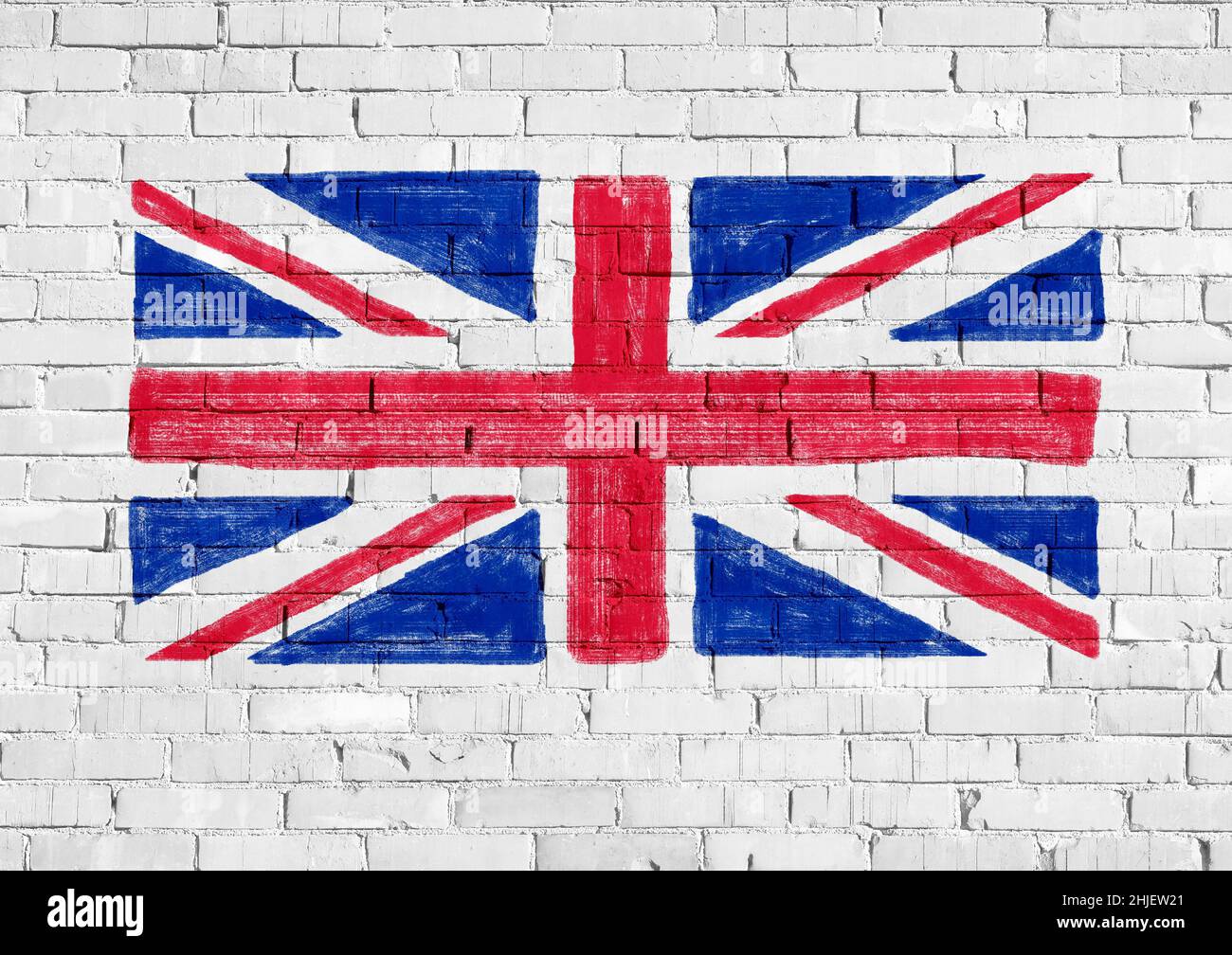 Nationalflagge des Vereinigten Königreichs (UK) aka Union Jack auf weißer Ziegelwand gemalt Stockfoto