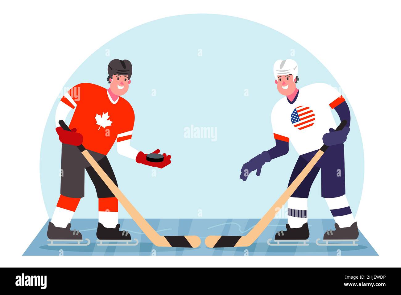 Eishockeyspieler. Wettbewerb zwischen Kanada und den USA. Vektorgrafik in einem flachen Stil. Stock Vektor