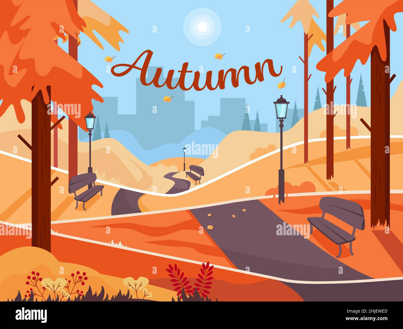 Herbstpark mit Bänken und Laternen. Nadelwald. Bunte Landschaft auf einem Stadthintergrund. Vektorgrafik. Stock Vektor