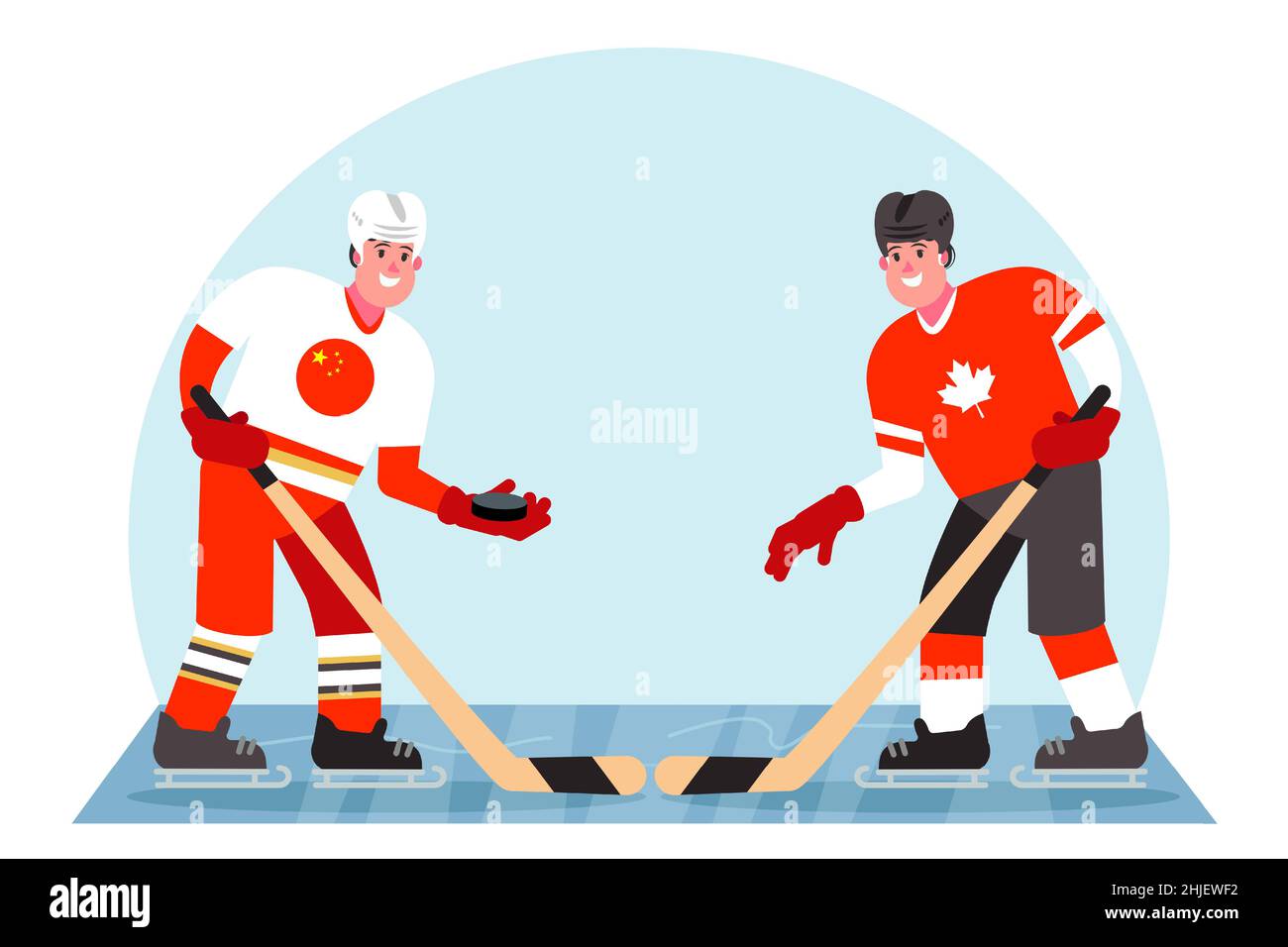 Eishockeyspieler. Wettbewerb zwischen China und Kanada. Vektorgrafik in einem flachen Stil. Stock Vektor