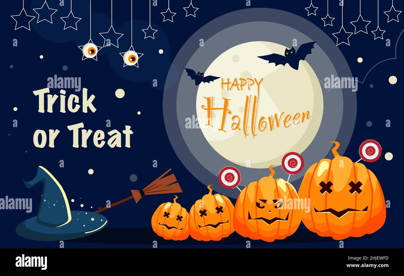 Happy Halloween Banner oder Party Einladung Hintergrund mit Nachtwolken und Kürbisse. Vektorgrafik. Vollmond am Himmel und fliegende Fledermäuse. Vecto Stock Vektor