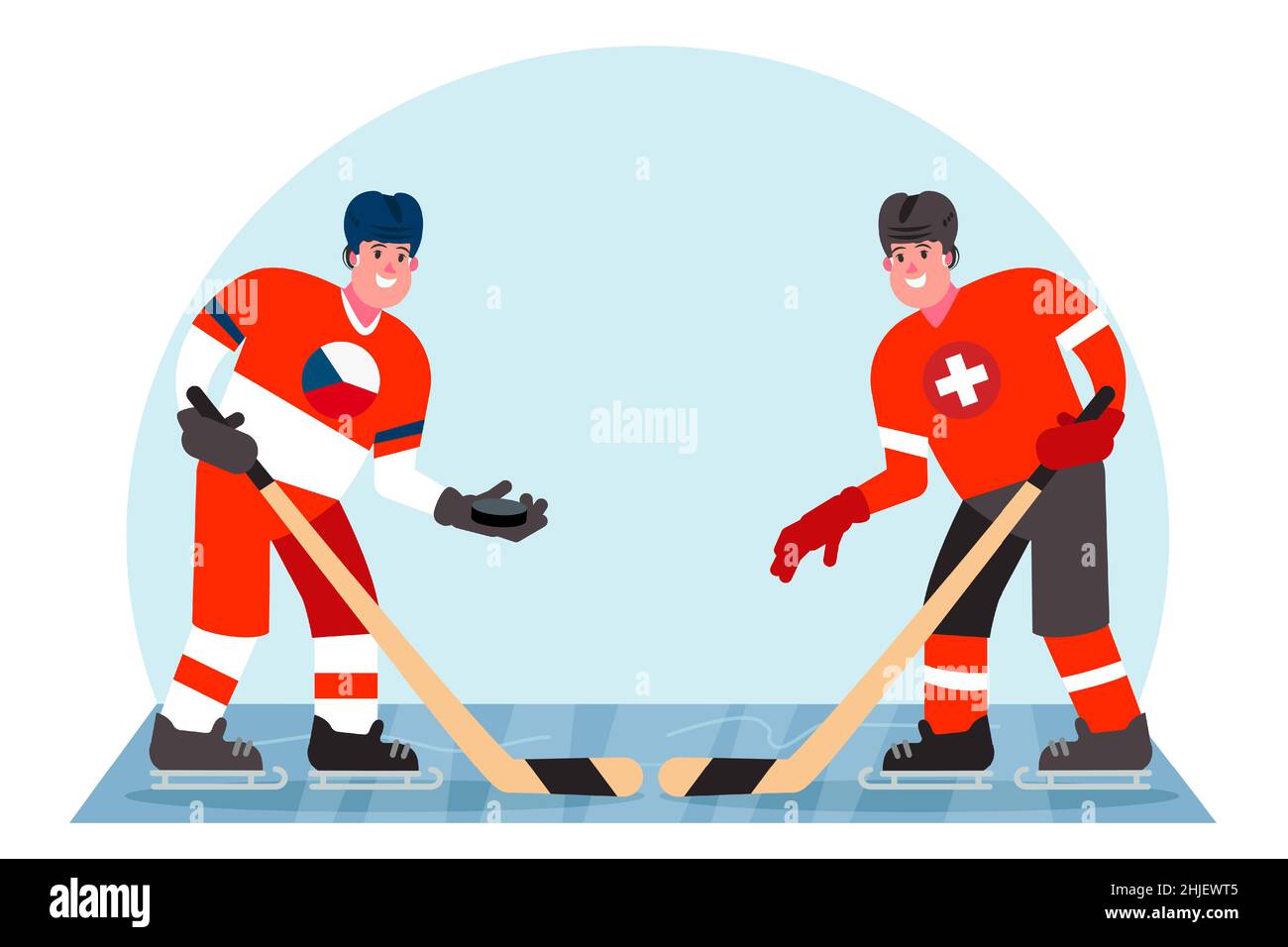 Eishockeyspieler. Wettbewerb zwischen der Tschechischen Republik und der Schweiz. Vektorgrafik in einem flachen Stil. Stock Vektor