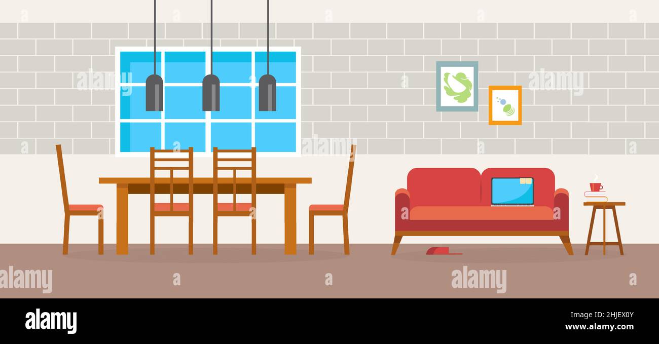 Wohnzimmer und Esszimmer mit Möbeln. Vektorgrafik im flachen Stil. Stock Vektor