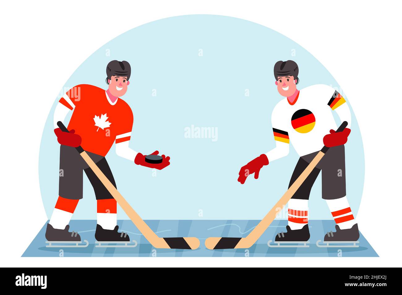 Eishockeyspieler. Wettbewerb zwischen Kanada und Deutschland. Vektorgrafik in einem flachen Stil. Stock Vektor