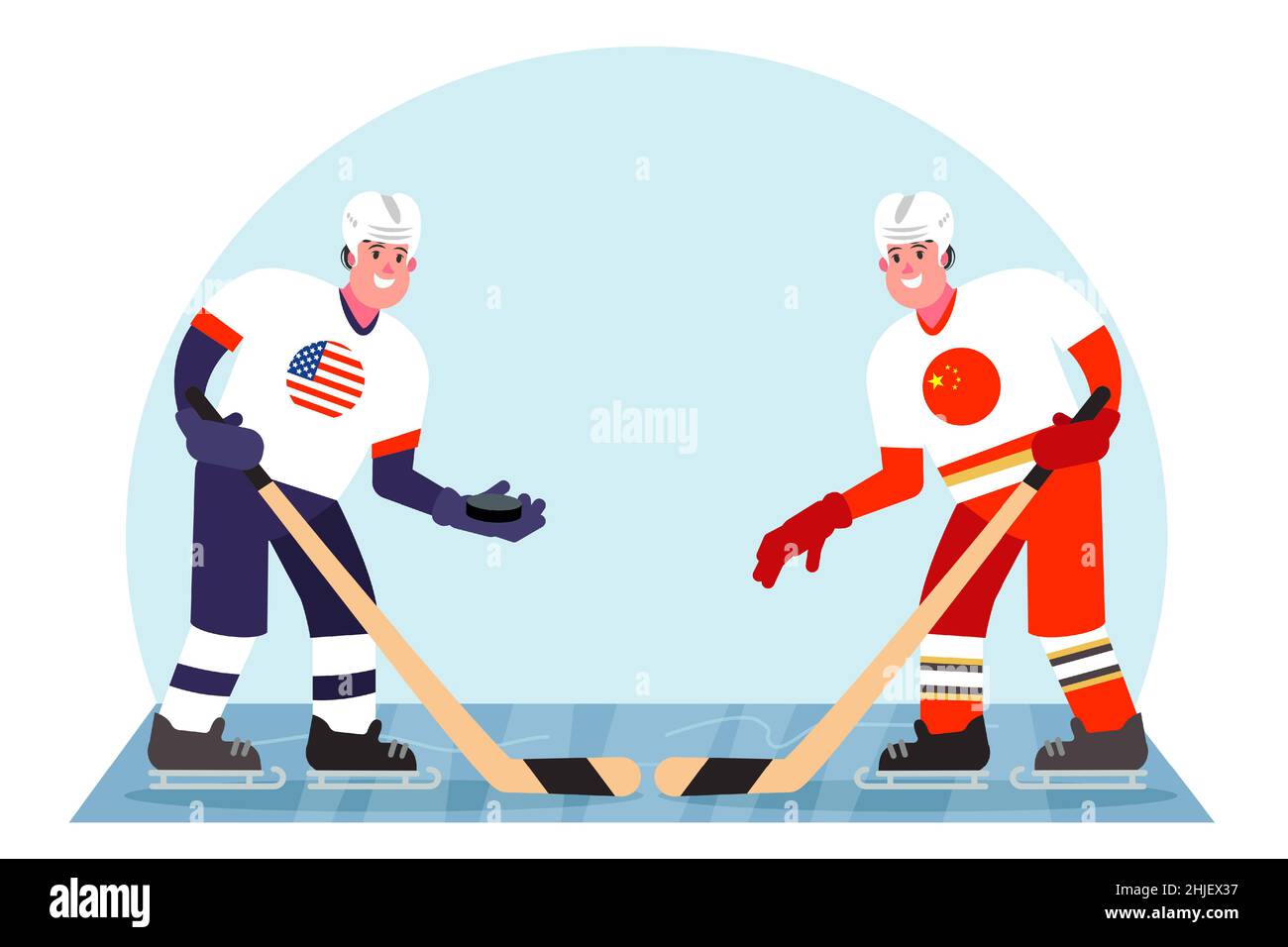 Eishockeyspieler. Wettbewerb zwischen den USA und China. Vektorgrafik in einem flachen Stil. Stock Vektor