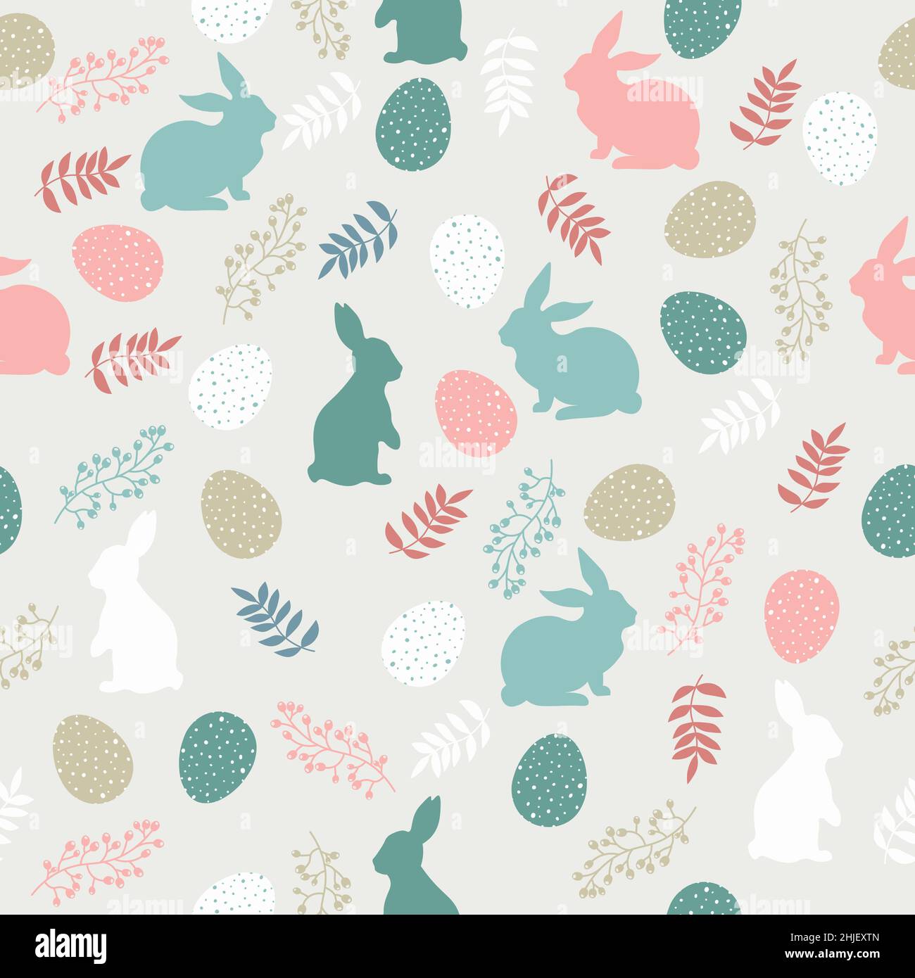 Ostermuster mit Eiern, Hasen und Blumen in Pastellfarben. Nahtlose Beziehung für dein Design. Design für Titel für die Website, Banner, Poster, Karte Stock Vektor