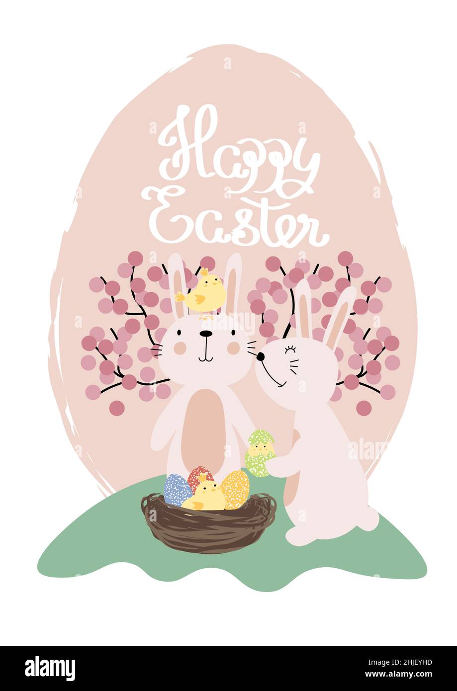 Vektor-Illustration von niedlichen Hasen mit hellen Eiern und kleinen Hühnern. Frohe Ostern Grüße Text. Design für Web, Website, Banner, Poster, Karte Stock Vektor