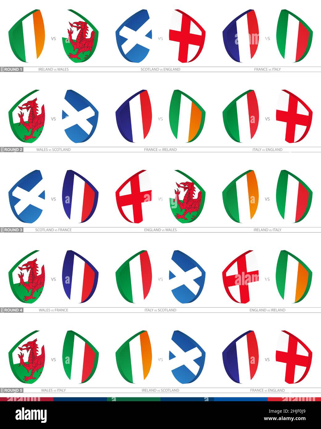 15 Rugby-Spiele, Satz aller Runden, Rugby-Turnier-Symbol. Vector Rugby-Symbol. Stock Vektor