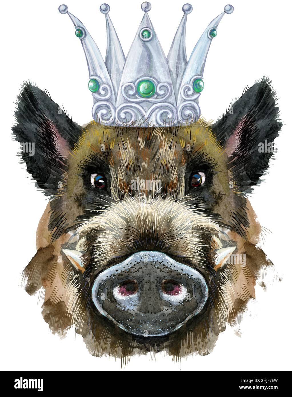 Süßes Schweinchen in silberner Krone. Wildschwein für T-Shirt-Grafiken. Aquarell braun Wildschwein Illustration Stockfoto