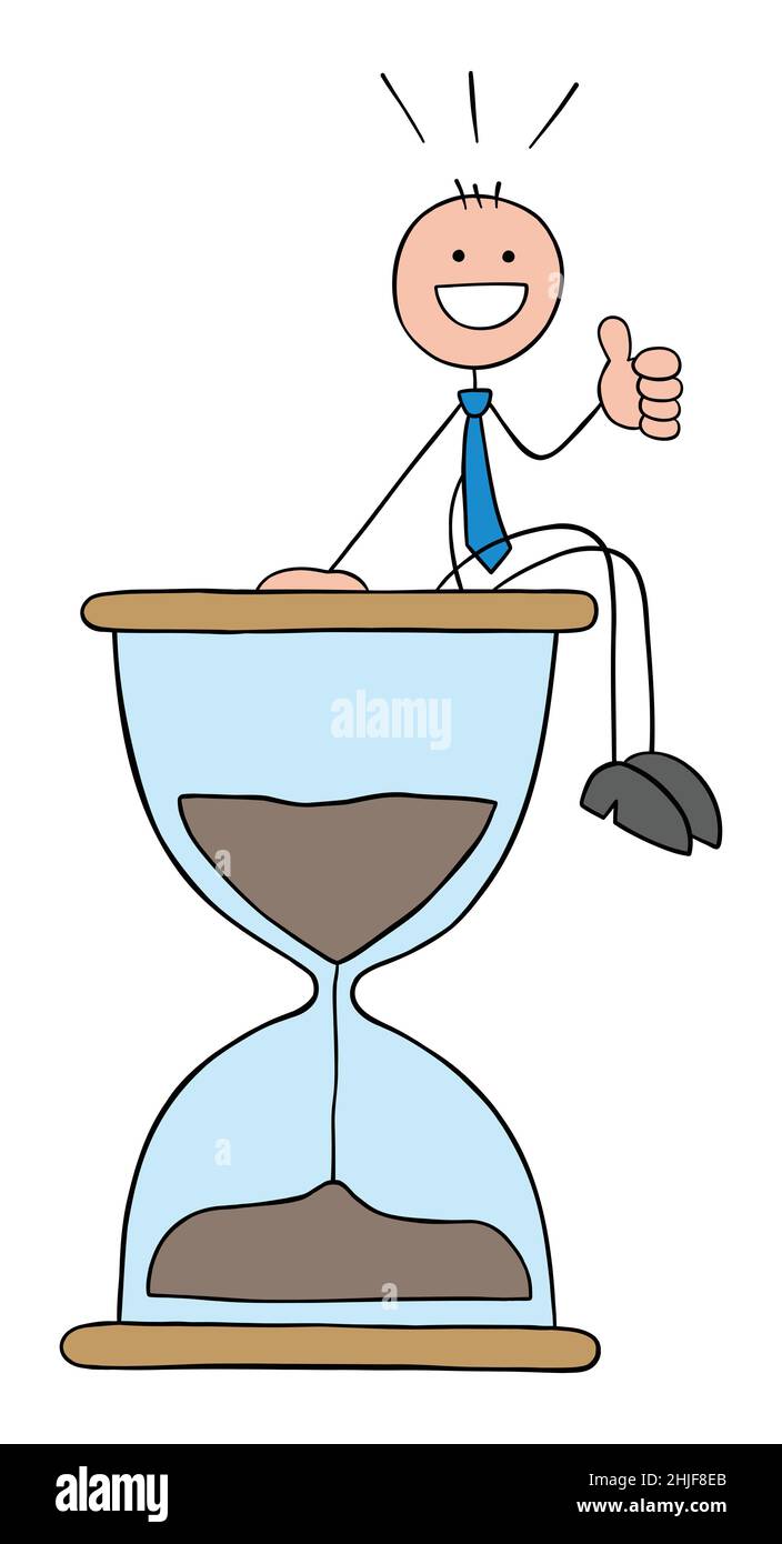Stickman Geschäftsmann sitzt auf der großen Sanduhr, sehr glücklich und gibt Daumen nach oben. Handgezeichnete Skizze Cartoon Vektor Illustration. Stock Vektor