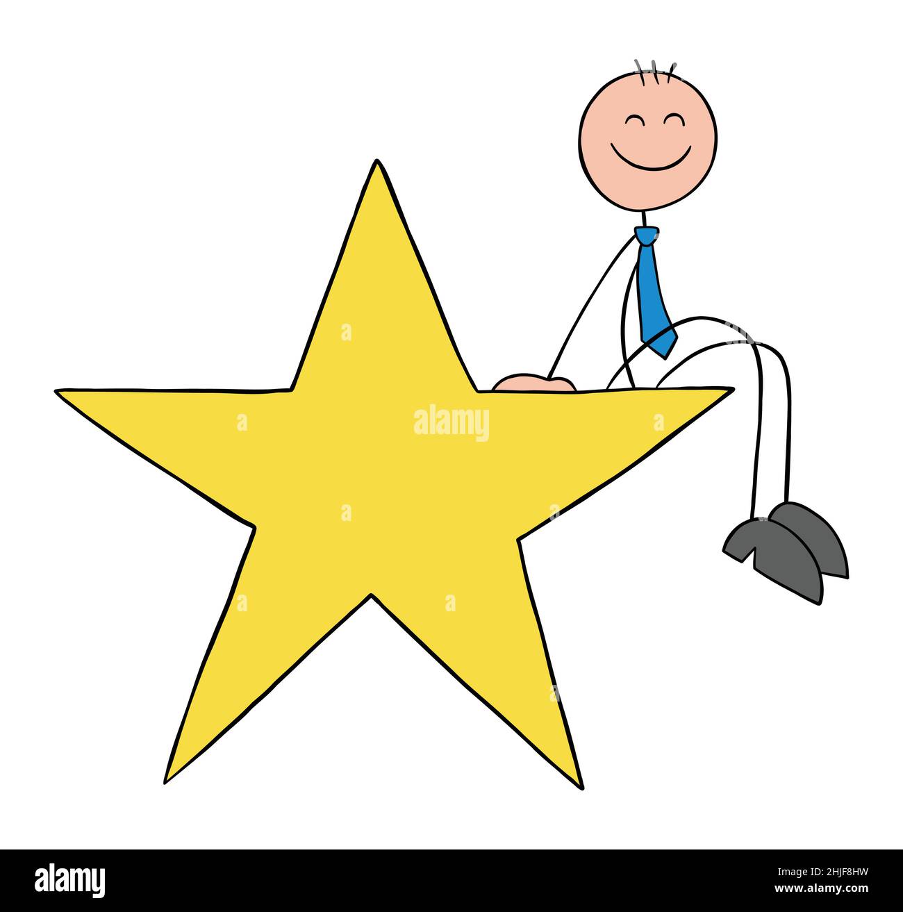 Der Geschäftsmann Stickman sitzt auf dem großen Star und ist glücklich. Handgezeichnete Skizze Cartoon Vektor Illustration. Stock Vektor