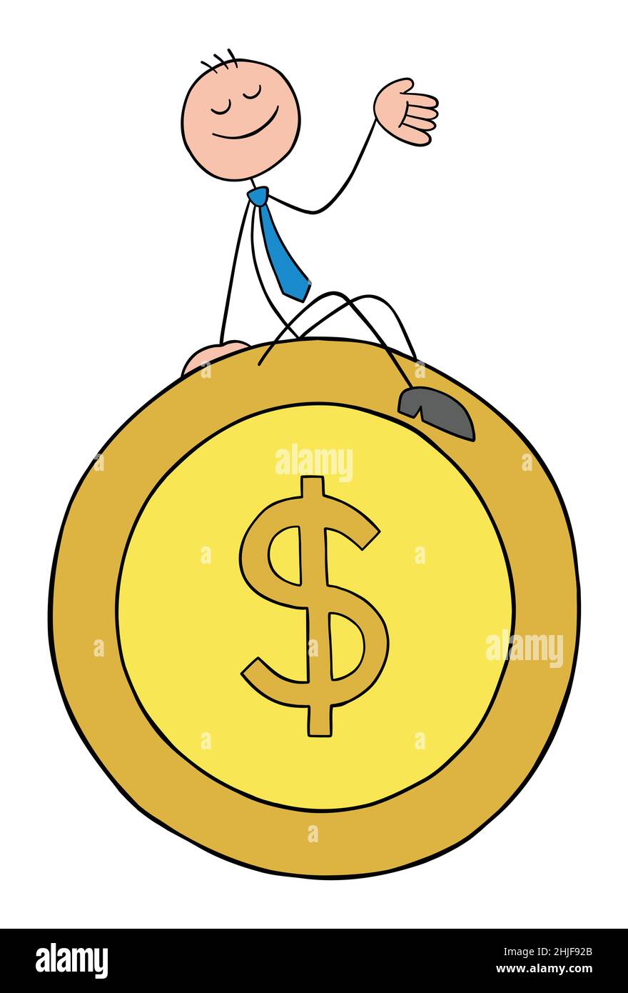 Der Geschäftsmann Stickman sitzt auf der Dollarmünze und ist glücklich. Handgezeichnete Skizze Cartoon Vektor Illustration. Stock Vektor