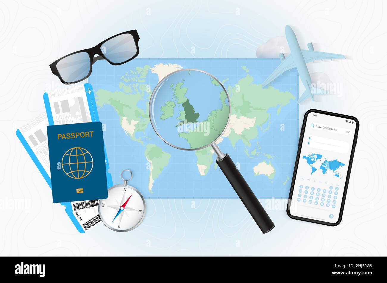 Konzeptionelle Illustration einer Reise nach England mit Reiseausrüstung. Weltkarte mit Kompass, Pass, Tickets, Handy, Flugzeug und Glas. Stock Vektor