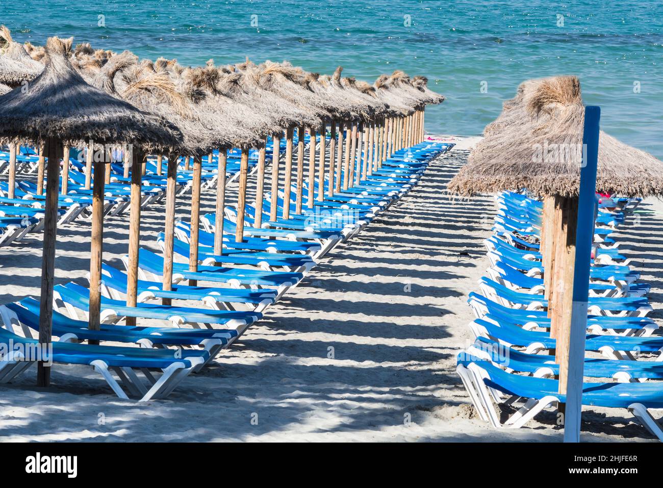 Liegestühle in einer Reihe und Sonnenschirme am Strand im Sommer. Stockfoto