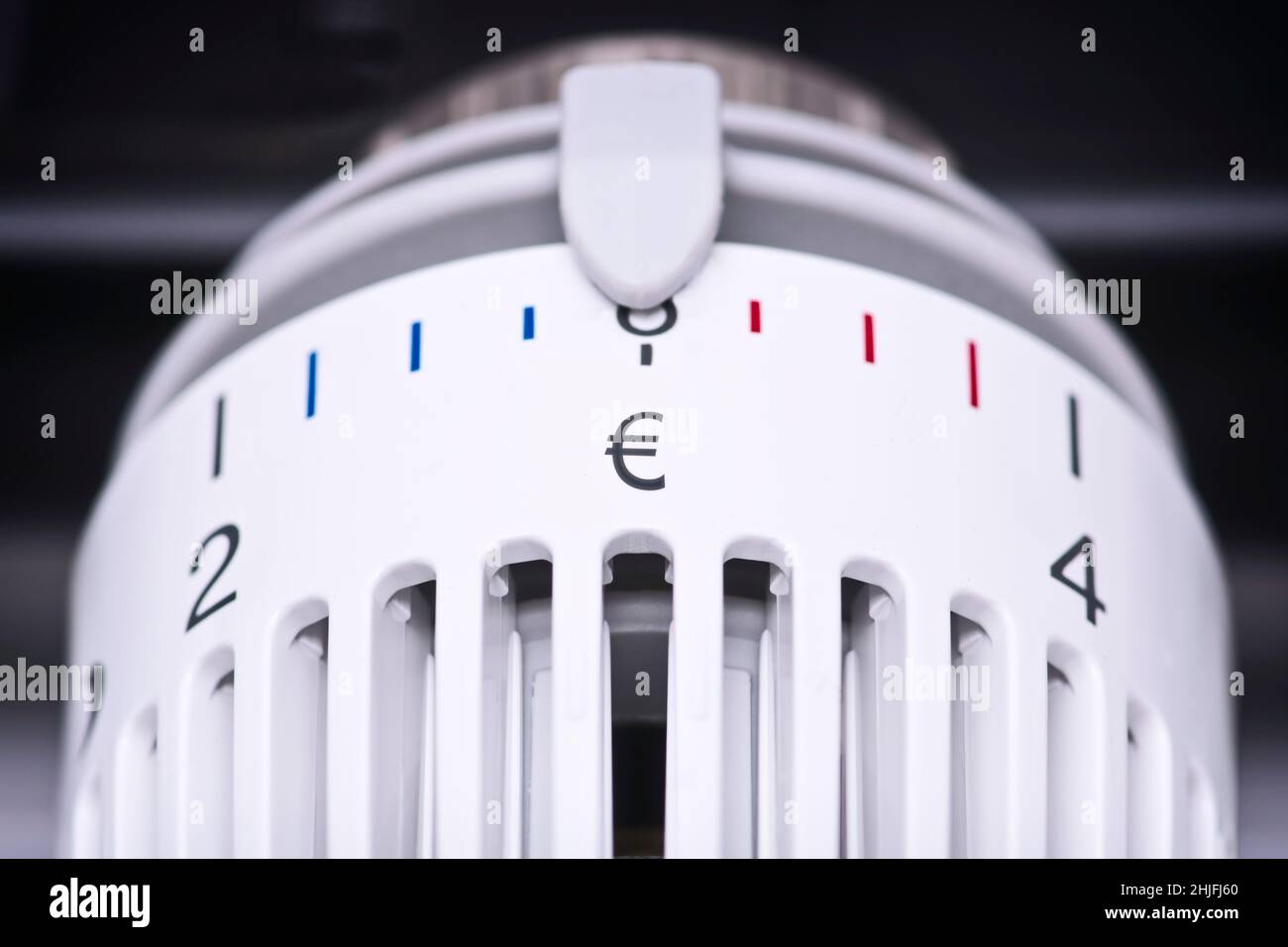 Nahaufnahme des Thermostaten eines Heizkörpers mit Euro-Symbol, steigende Kosten für Wärme- und Energiekonzept. Stockfoto