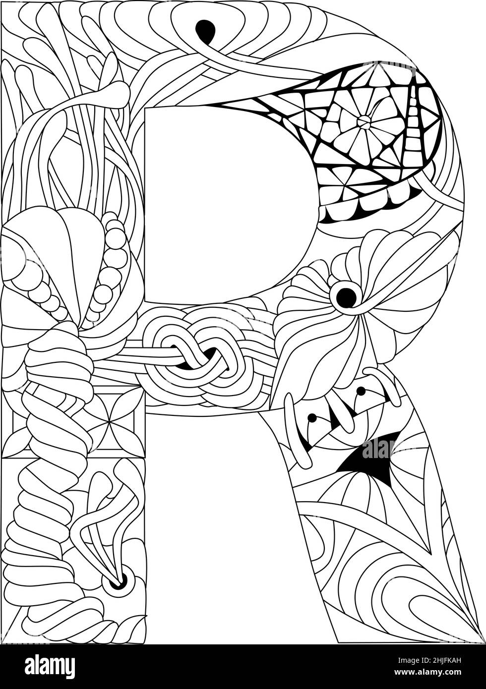 Zentangle stilisiertes Alphabet - Buchstabe R für die Färbung. Vektorgrafik. Ethnisches Muster Stock Vektor