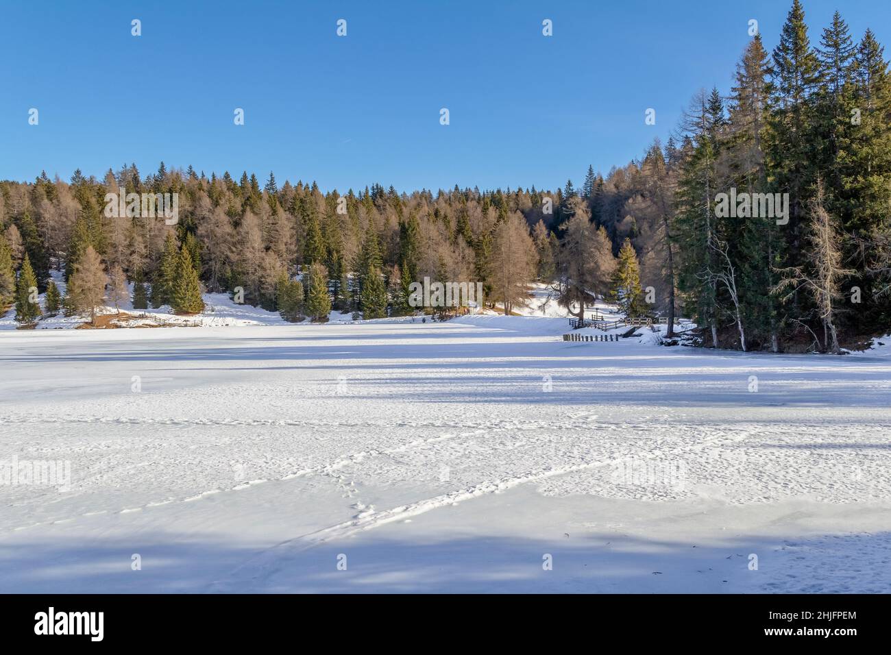 Naturkulisse rund um einen See namens Felixer Weiher in Südtirol zur Winterzeit Stockfoto