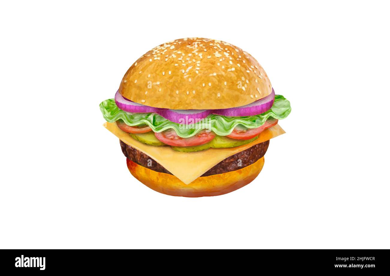 Vektorzeichnung eines Hamburgers mit Käse, Tomaten, Hacken, Salat, Zwiebel, Gurke. Abbildung für die Gestaltung von Fast Food-Menüs. Isolierte Hamburger-Symbole Stock Vektor
