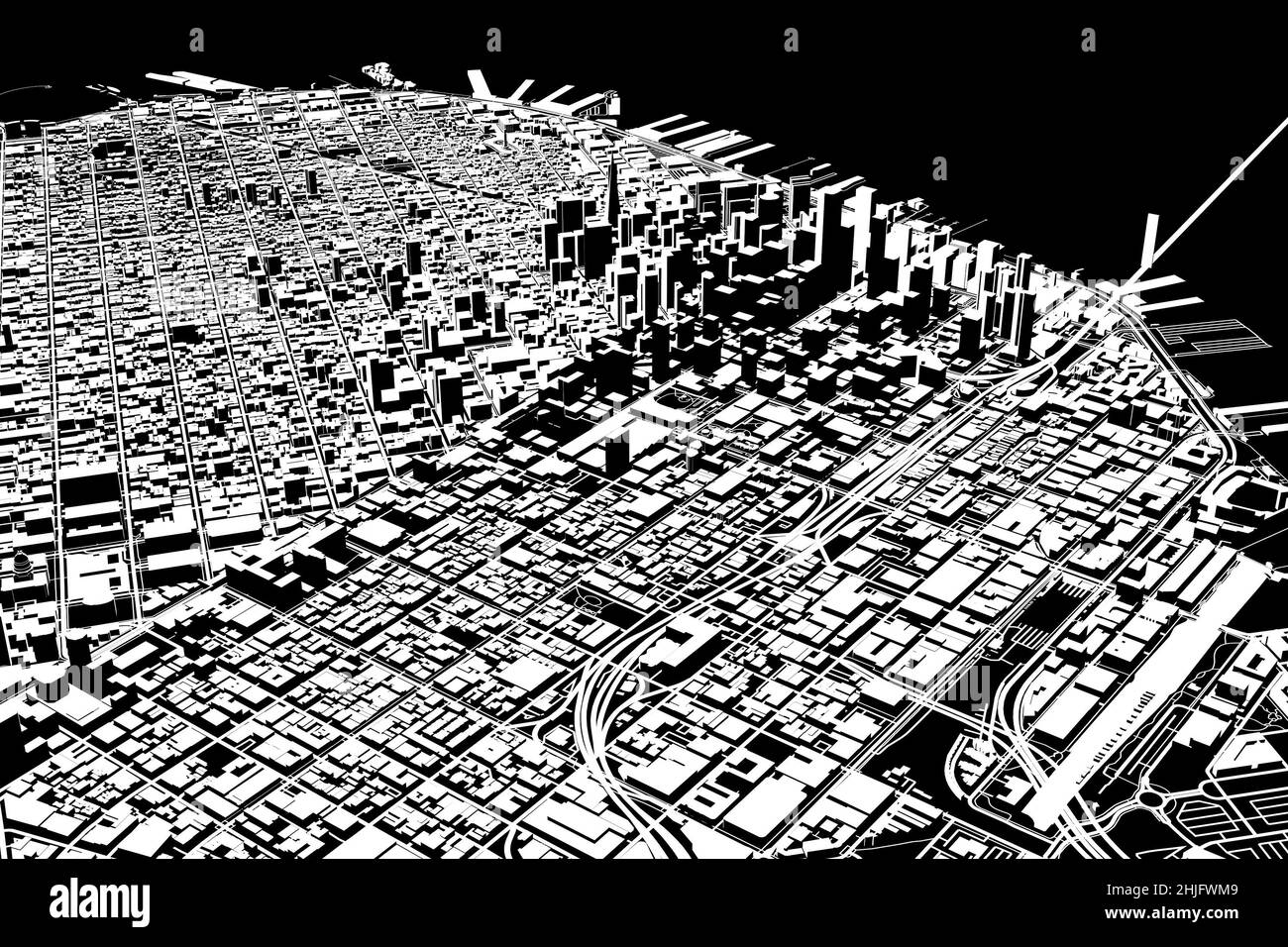 Satellitenansicht von San Francisco, Stadtplan mit Haus und Gebäude. Silhouette, schwarz und weiß. Wolkenkratzer. Usa. 3D Rendern Stockfoto