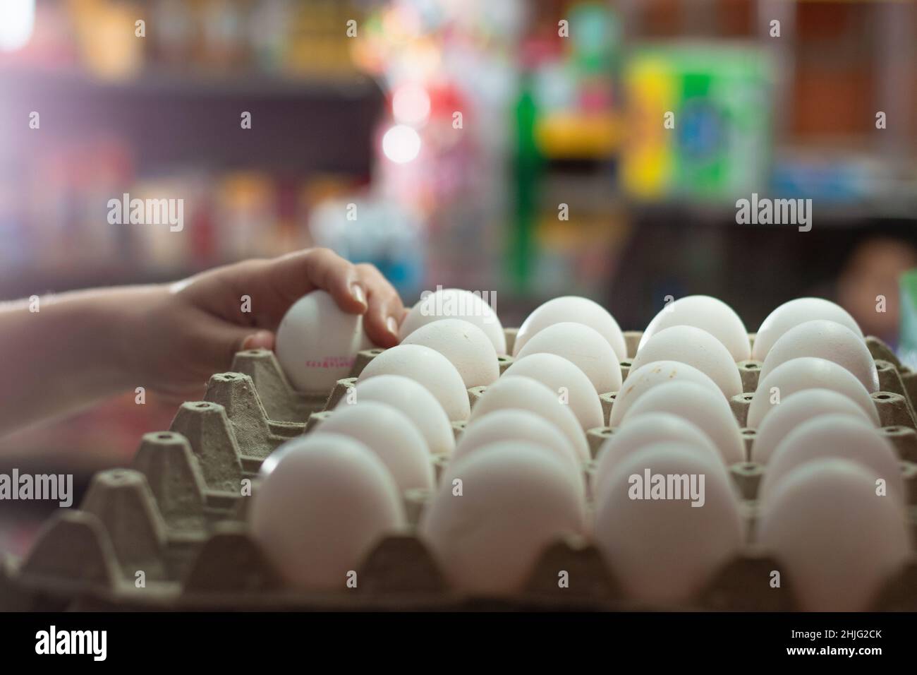 Hand einer Frau, die weiße Hühnereier hält, in einen Eierkarton gelegt. Verkauf von Eiern in einem Lebensmittelgeschäft. Eier, die reich an Eiweißalbumin sind, bereit, verkauft zu werden Stockfoto