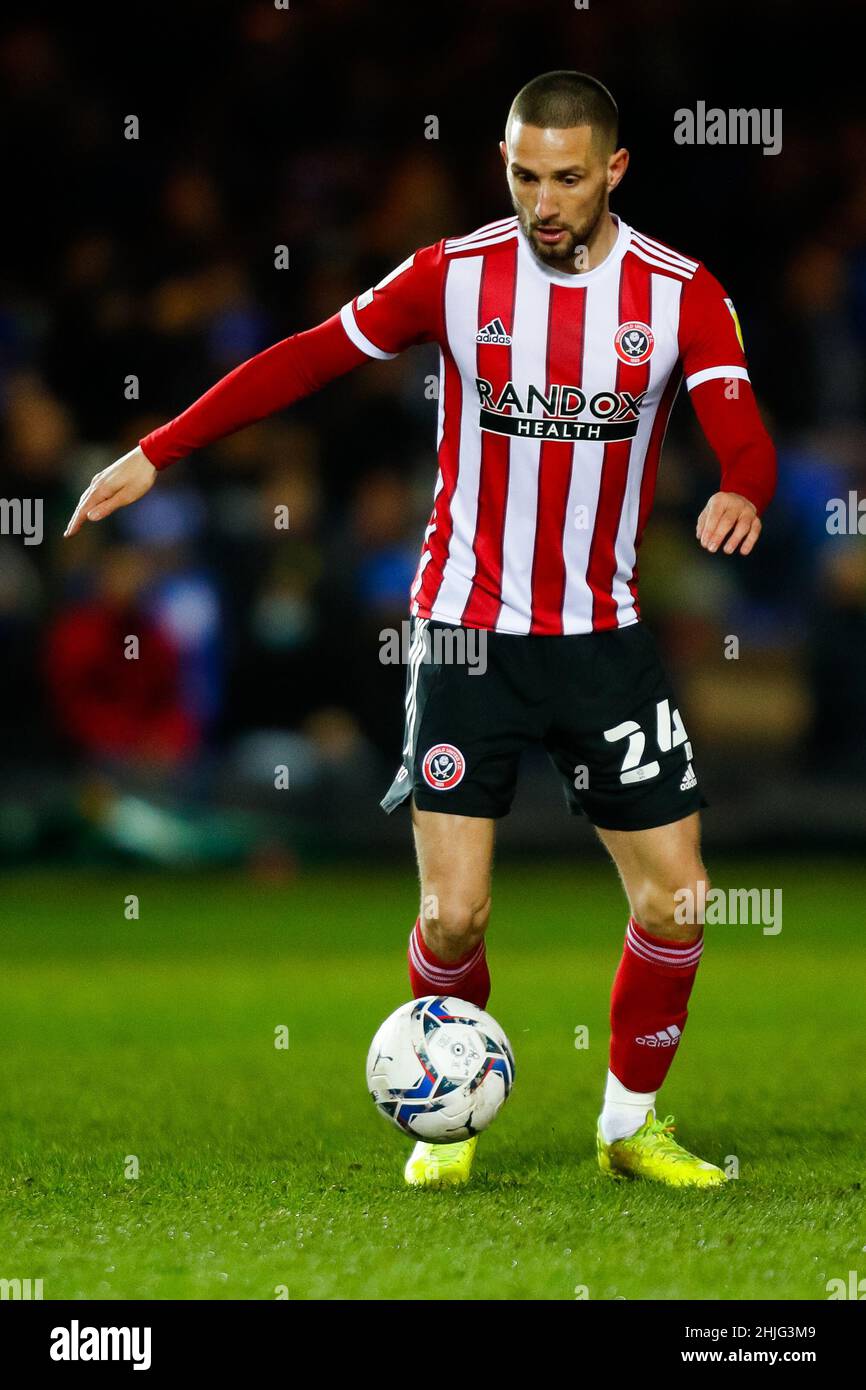 Peterborough, Großbritannien. 29th. Januar 2022; Weston Homes Stadium, Peterborough, Cambs, England; Championship Football, Peterborough United&#xa0;Versus Sheffield United; Conor Hourihane of Sheffield United Credit: Action Plus Sports Images/Alamy Live News Credit: Action Plus Sports Images/Alamy Live News Stockfoto