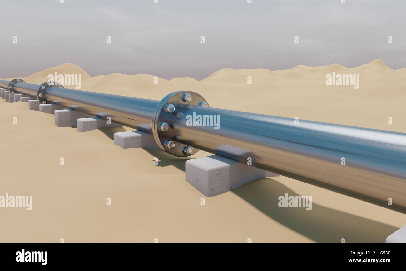 Industrielle Rohrleitungen und Ventile mit Rad auf Sandboden. Edelstahlrohrleitung durchquert Wüste. Öl- und Gasindustrie. 3D Rendern Stockfoto