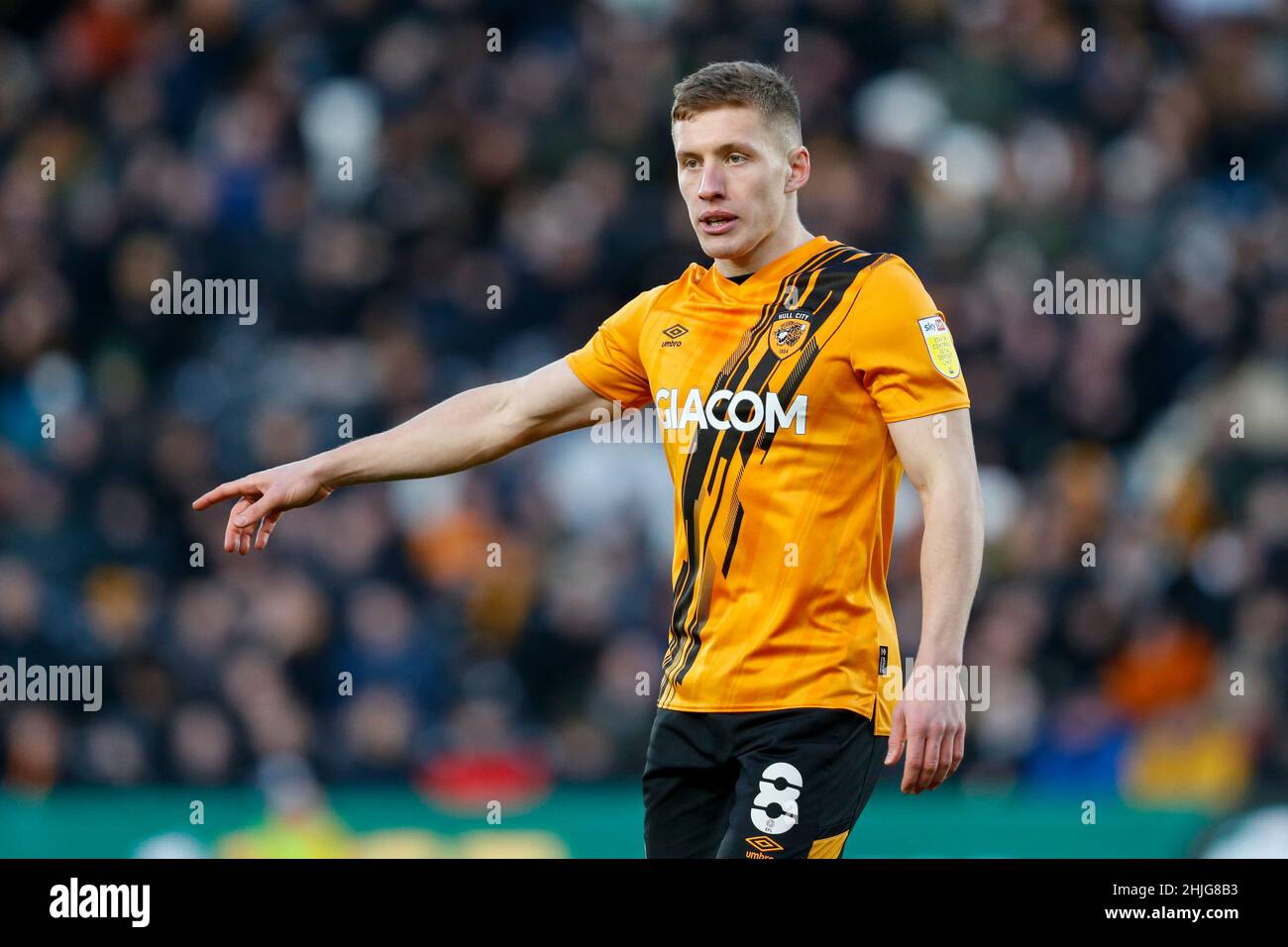 Hull, Großbritannien. 29th Januar 2022. Greg Docherty #8 von Hull City in Hull, Vereinigtes Königreich am 1/29/2022. (Foto von Ben Early/News Images/Sipa USA) Quelle: SIPA USA/Alamy Live News Stockfoto