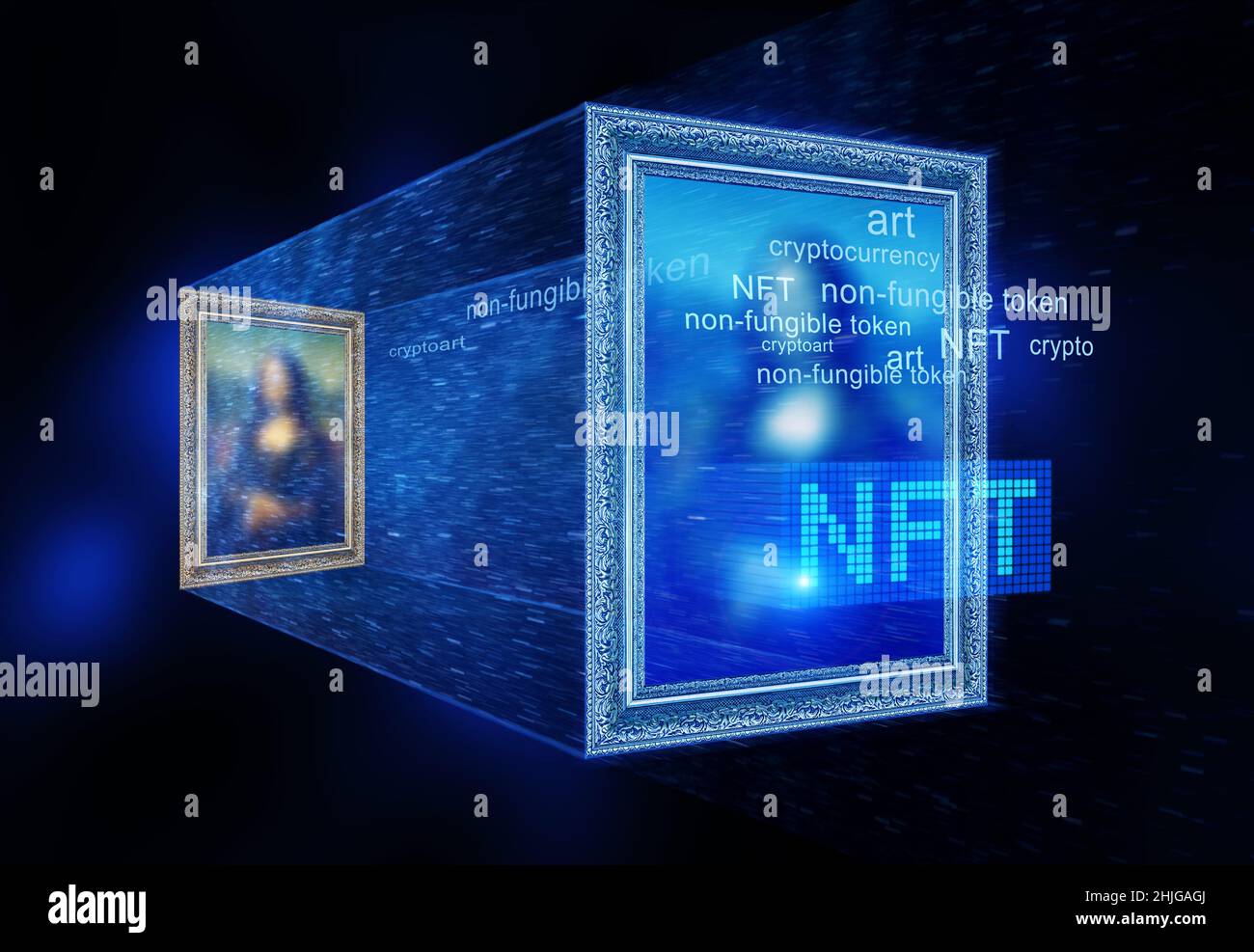 NFT-Token und Krypto-Kunst, Malerei mit blauem Cyber-Licht in der digitalen Galerie. NFT ist nicht-fungible Kryptowährung. Konzept der Blockchain, Marktplatz, V Stockfoto