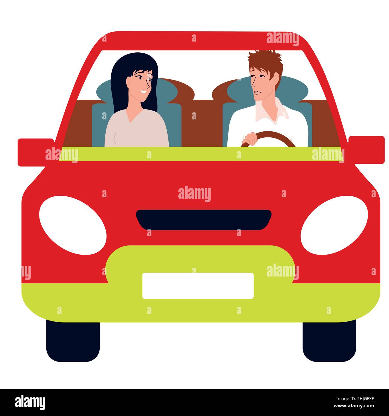 Laufwerk. Ein liebevoller Mann und eine liebevolle Frau fahren in einem roten Auto. Der Typ fährt. Mann und Frau, Familienausflug. Stock Vektor
