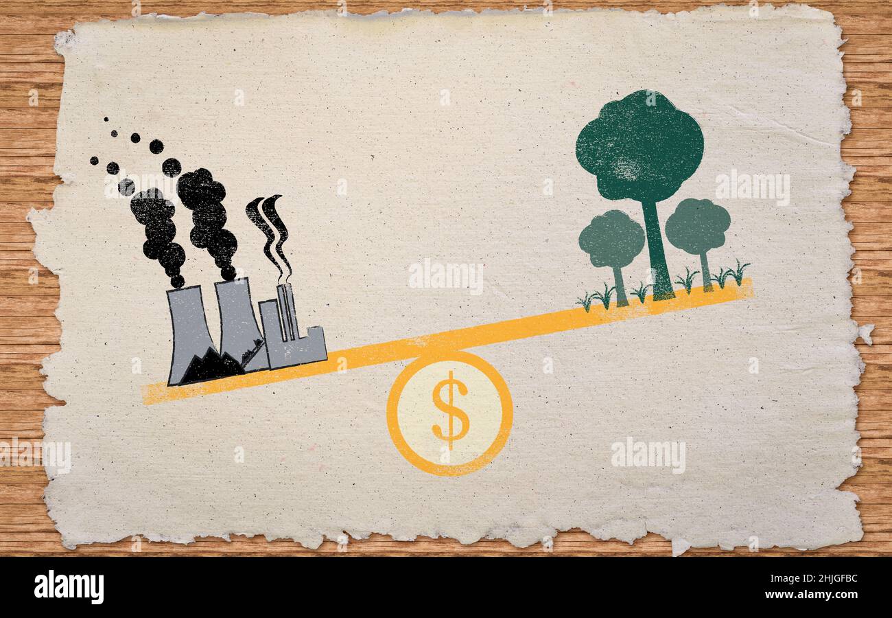 Geldausgleichsindustrie und Natur, Illustration auf Notizbuch, Konzept für ökologische Umweltbilanz Stockfoto