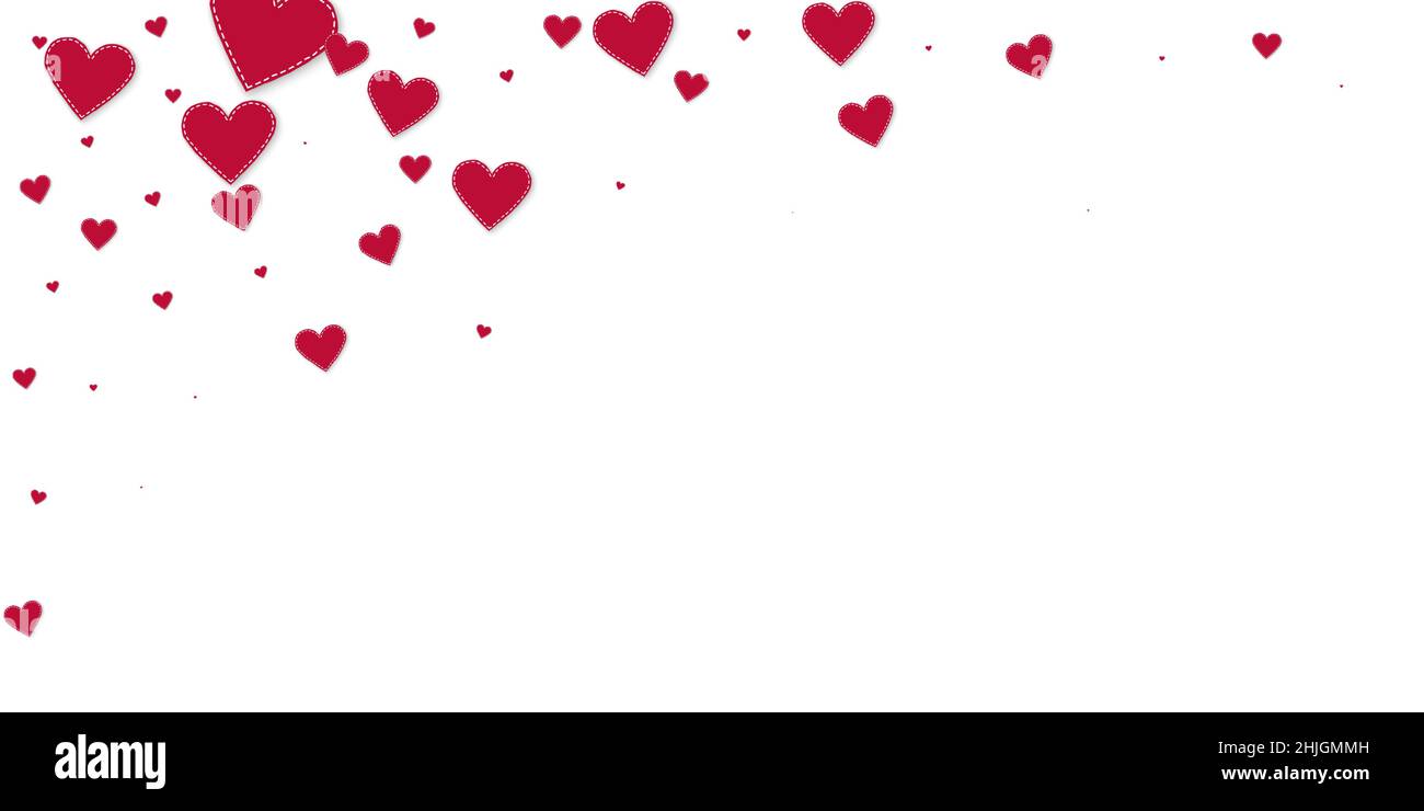 Rotes Herz liebt Konfettis. Valentinstag fallender Regen fabelhafter Hintergrund. Fallende genähte Papier Herzen Konfetti auf weißem Hintergrund. Emotionale Vect Stock Vektor