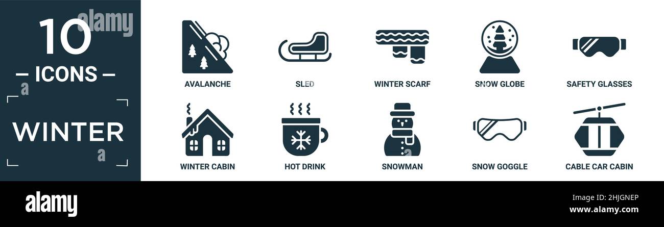 Gefülltes Winter Icon Set. Enthalten flache Lawine, Schlitten, Winterschal, Schneekugel, Schutzbrille, Winterhütte, Heißgetränk, Schneemann, Schneebrille, Kabel c Stock Vektor
