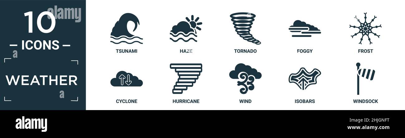 Gefüllte Wettersymbol-Set. Enthalten flachen Tsunami, Dunst, Tornado, Nebel, Frost, Symbole für Zyklon, Hurrikan, Wind, Isobaren und Windsocken in bearbeitbarem Format. Stock Vektor