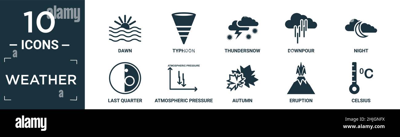 Gefülltes Wetter Icon Set. Enthalten flache Dämmerung, Taifun, Gewitter, Regenguss, Nacht, Letztes Quartal, atmosphärischer Druck, Herbst, Eruption, celsius-Symbole Stock Vektor