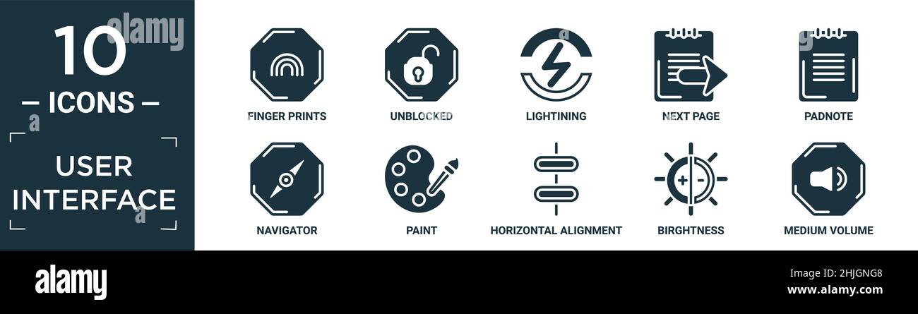 Gefüllte Benutzeroberfläche Icon Set. Enthalten flache Fingerabdrücke, nicht blockiert, Leuchtkraft, nächste Seite, Padnote, navigator, malen, horizontale Ausrichtung, birghtn Stock Vektor