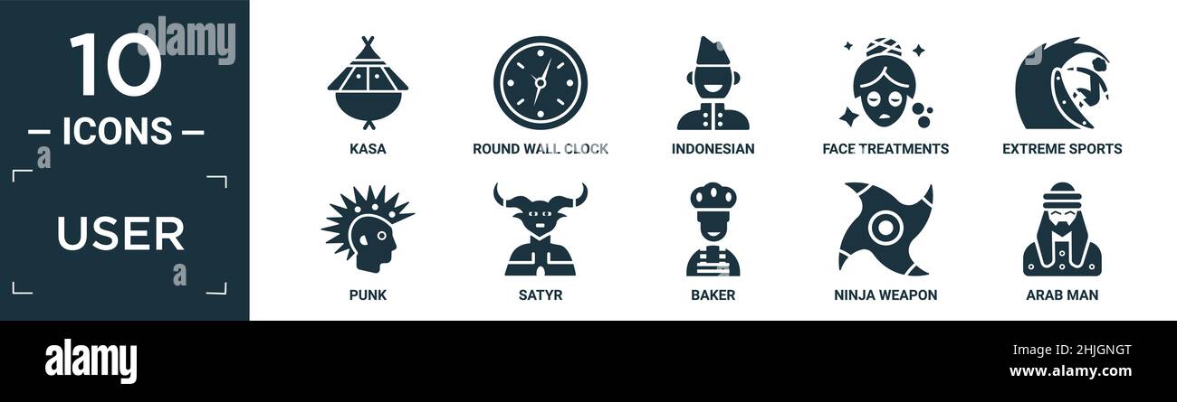 Gefüllte Benutzer-Icon-Set. Enthalten flache kasa, rund-um-Wand-Uhr, indonesisch, Gesichtsbehandlungen, Extremsport, Punk, Satyr, Bäcker, Ninja-Waffe, arabischer Mann ico Stock Vektor