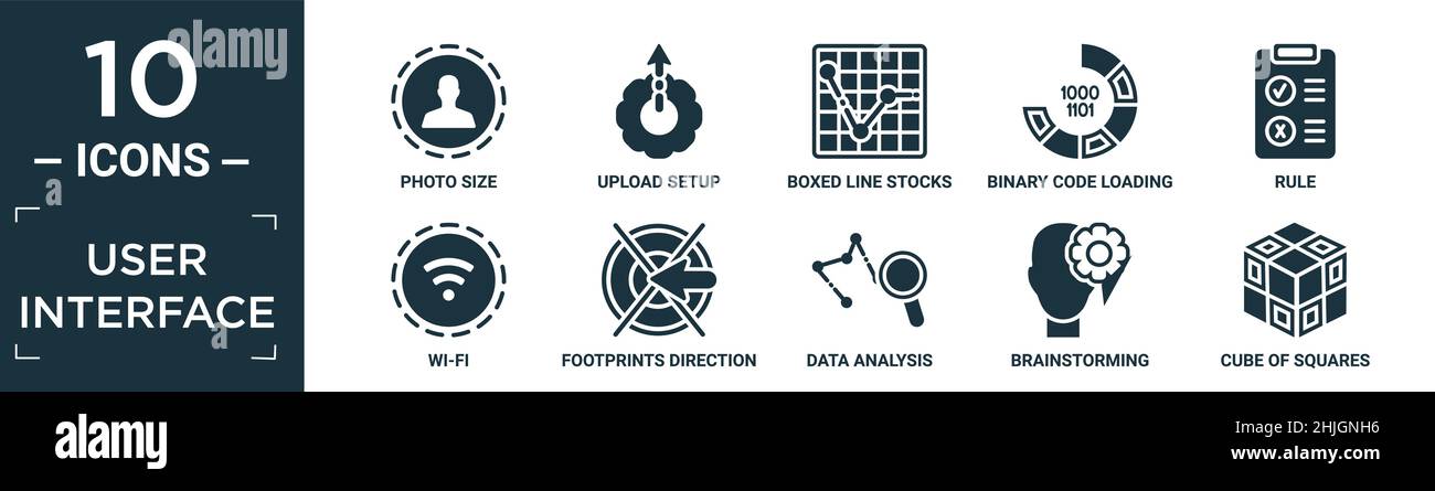 Gefüllte Benutzeroberfläche Icon-Set. Enthalten flache Foto-Größe, Upload-Setup, boxed line Aktien, binären Code laden, Regel, wi-Fi, Fußabdrücke Richtung Sketc Stock Vektor