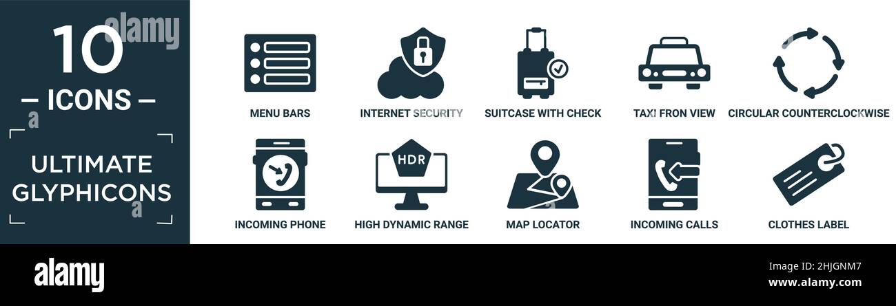 Gefüllte ultimative Glyphicons Icon Set. Enthalten flache Menüleisten, Internet-Sicherheit, Koffer mit Scheck, Taxi von Blick, kreisförmige Pfeile gegen den Uhrzeigersinn, Stock Vektor