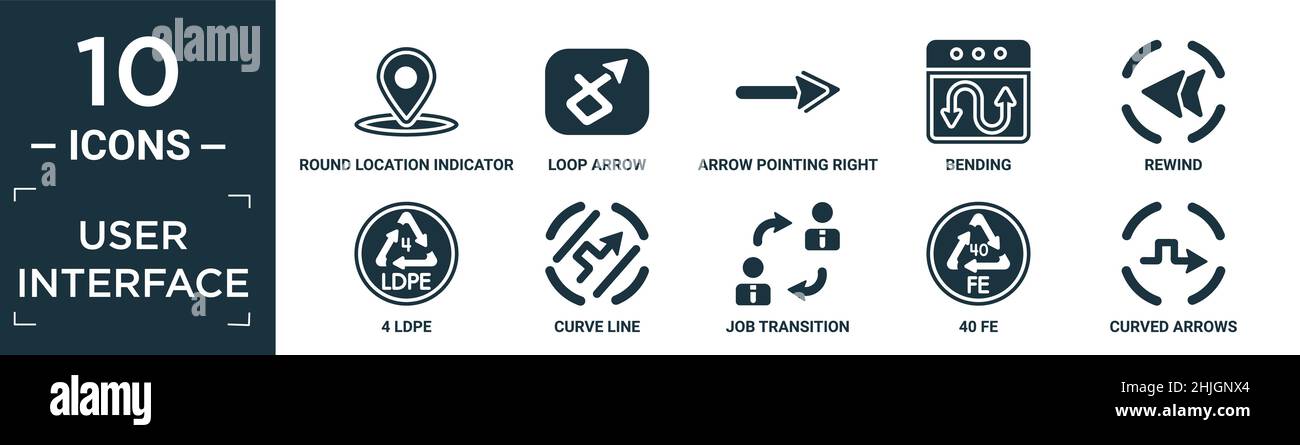 Gefüllte Benutzeroberfläche Icon Set. Enthalten flache runde Positionsanzeige, Schleife Pfeil, Pfeil nach rechts, biegen, zurückspulen, 4 ldpe, Kurvenlinie, Job tran Stock Vektor