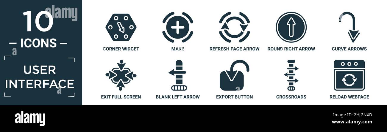 Gefüllte Benutzeroberfläche Icon Set. Enthalten flache Ecke Widget, machen, aktualisieren Seite Pfeiltaste, Runde rechts Pfeil, Kurve Pfeile, beenden Vollbild Pfeile, Stock Vektor