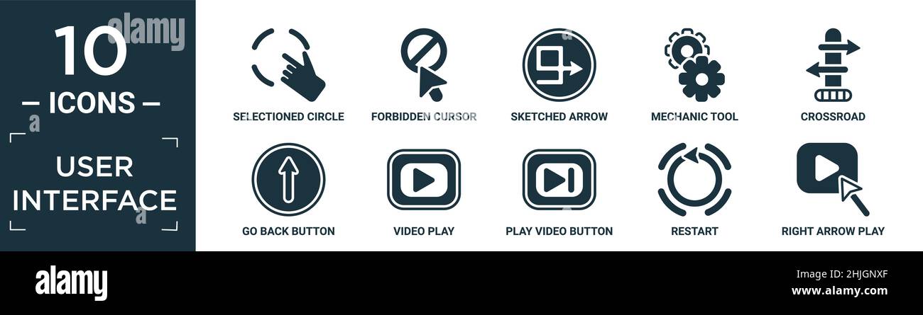 Gefüllte Benutzeroberfläche Icon-Set. Enthalten flachen ausgewählten Kreis, zu vermeidende Cursor, skizzierten Pfeil, mechanisches Werkzeug, Kreuzung, Zurück-Taste, Video pla Stock Vektor
