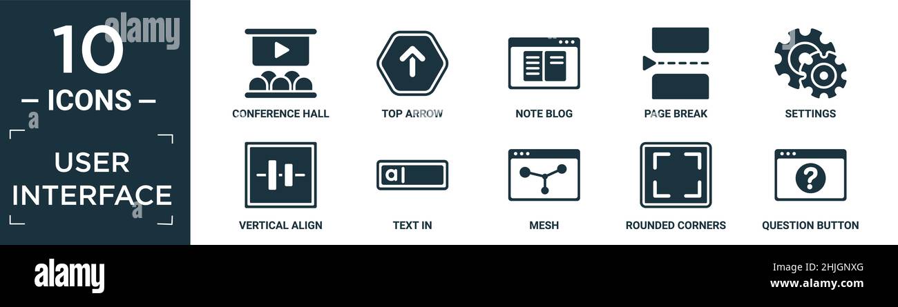 Gefüllte Benutzeroberfläche Icon Set. Enthalten flache Konferenzsaal, Pfeil nach oben, Notiz Blog, Seitenumbruch, Einstellungen, Vertikale Ausrichtung, Text in, Netz, abgerundetes Korn Stock Vektor