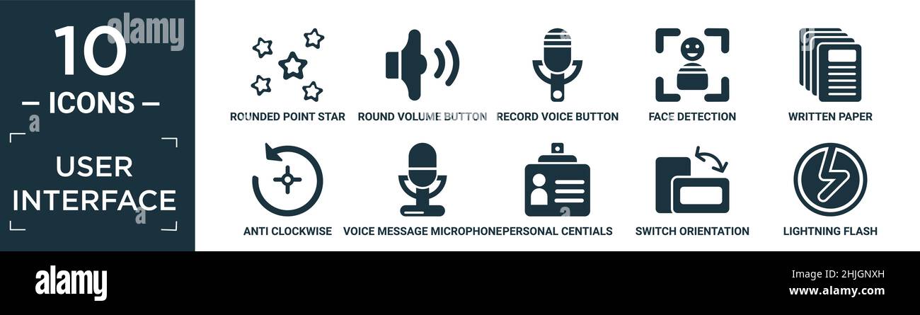 Gefüllte Benutzeroberfläche Icon Set. Enthalten flachen gerundeten Punkt Stern, runde Lautstärke-Taste, Aufnahme Stimme Taste, Gesichtserkennung, geschriebenes Papier, Anti-Uhrwerk Stock Vektor