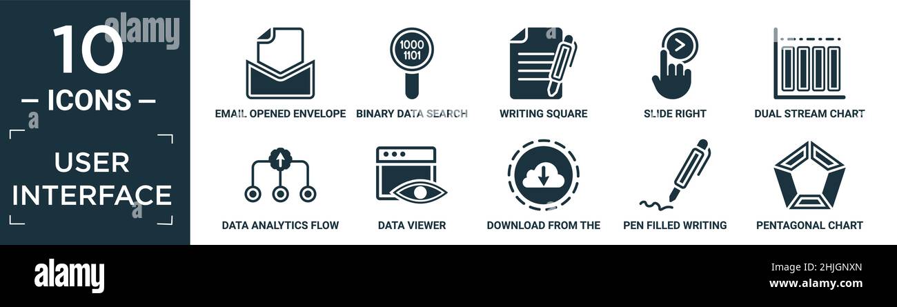 Gefüllte Benutzeroberfläche Icon Set. Enthalten flache E-Mail geöffnet Umschlag, binäre Daten-Suche, Schreiben Quadrat, Folie nach rechts, Dual-Stream-Diagramm, Datenanalyse Stock Vektor