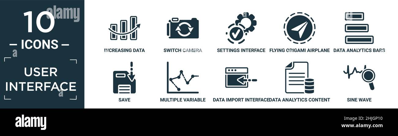 Gefüllte Benutzeroberfläche Icon-Set. Enthalten flache zunehmende Daten, Kamera wechseln, Einstellungen Schnittstelle, fliegende Origami-Flugzeug, Datenanalyse Bars, Sparen, m Stock Vektor
