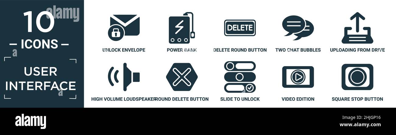 Gefüllte Benutzeroberfläche Icon Set. Enthalten flache entsperren Umschlag, Powerbank, löschen runde Taste, zwei Chat-Blasen, Hochladen von Laufwerk, lou mit hohem Volumen Stock Vektor