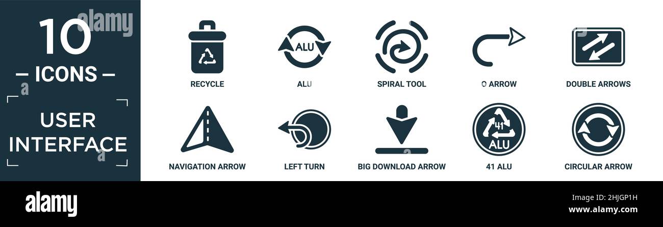 Gefüllte Benutzeroberfläche Icon-Set. Enthalten flache recyceln, Alu, Spiralwerkzeug, o Pfeil, Doppelpfeile, Navigationspfeil, Linksdrehung, großer Download-Pfeil, 41 al Stock Vektor
