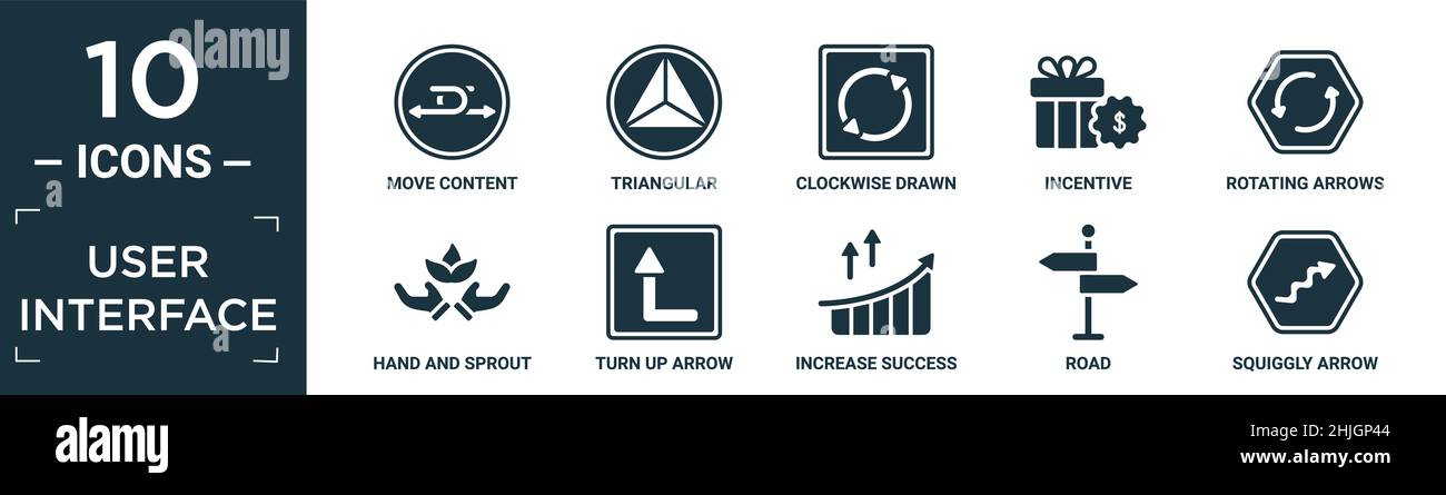 Gefüllte Benutzeroberfläche Icon Set. Enthalten flache Bewegung Inhalt, dreieckig, im Uhrzeigersinn gezeichneten Pfeil, Anreiz, rotierende Pfeile, Hand und Sprossen, Arr hochdrehen Stock Vektor