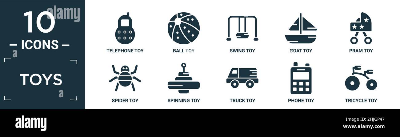 Gefülltes Spielzeug Symbol-Set. Enthalten flache Telefon Spielzeug, Ball Spielzeug, Schaukel Spielzeug, Boot Kinderwagen Spinne spinnen LKW Telefon Dreirad Symbole in editierbarem Format. Stock Vektor